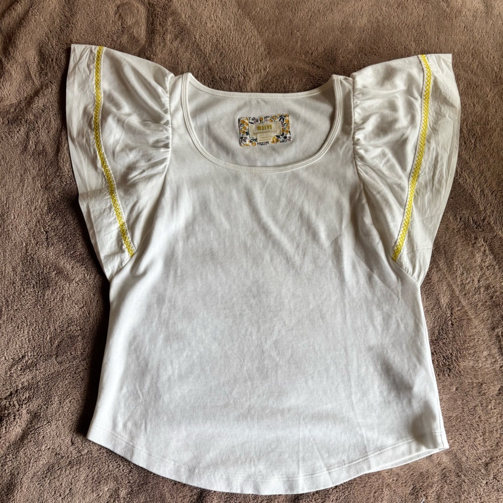 Maeve by Anthropologie White Flutter Sleeve Top Yellow Embroidery OB945087 XS